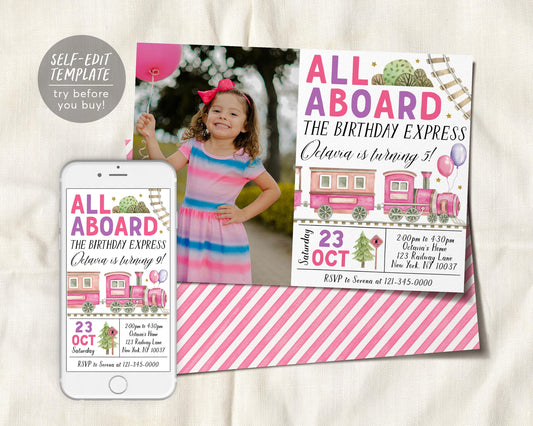 Train Birthday Invitation With Photo Editable Template