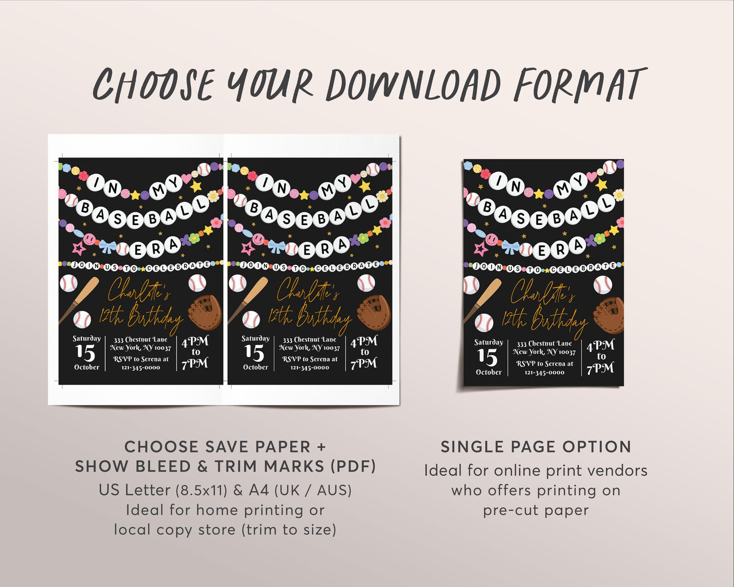 In My Baseball Era Birthday Invitation Editable Template, Baseball Friendship Bracelet Party Invite, Sports Game Day Black Gold Eras Evite