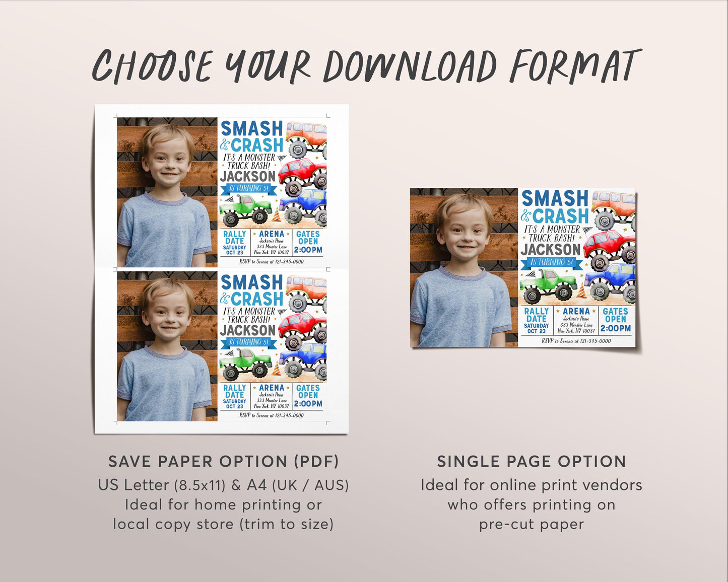 Monster Truck Birthday Invitation With Photo Editable Template, It's A Monster Truck Bash Invite, Boy Smash And Crash Party Evite Any Age