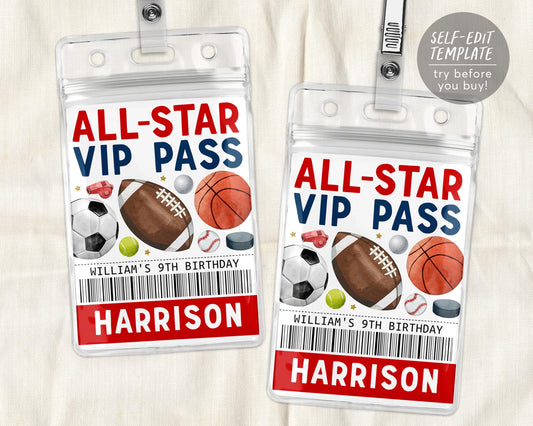 Sports Birthday All Star VIP Pass Editable Template