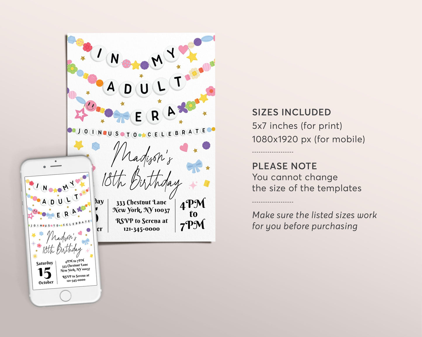 In My Adult Era Invitation Editable Template, Friendship Bracelet Party Invite, Eighteen 18th Birthday Girl Eras Music Themed Party Evite