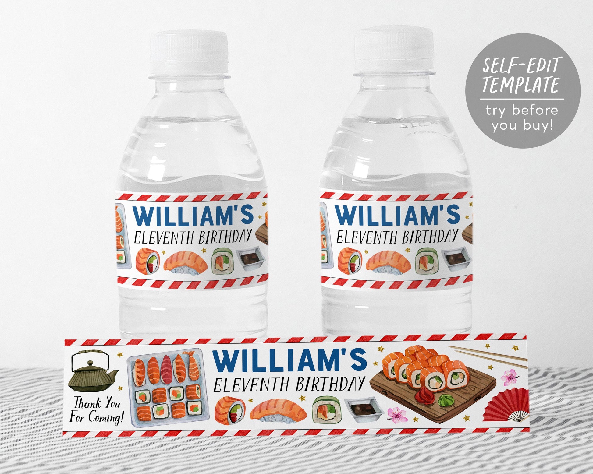 Sushi Party Water Bottle Labels Editable Template