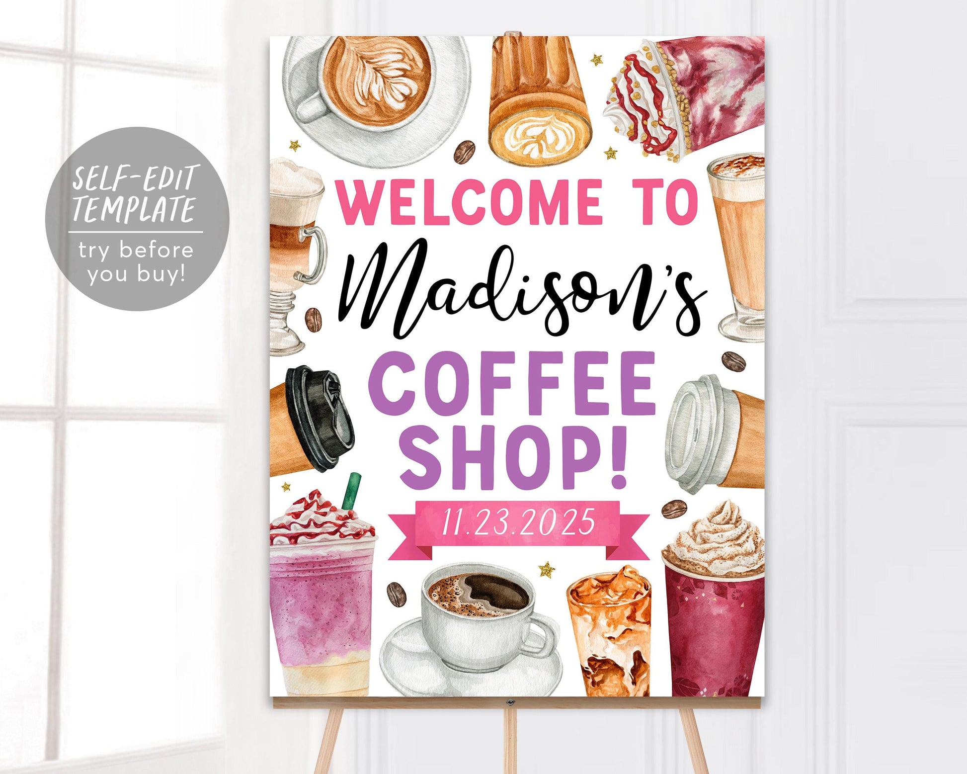 Coffee Birthday Welcome Sign Editable Template