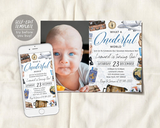 What A Onederful World First Birthday Invitation With Photo Editable Template