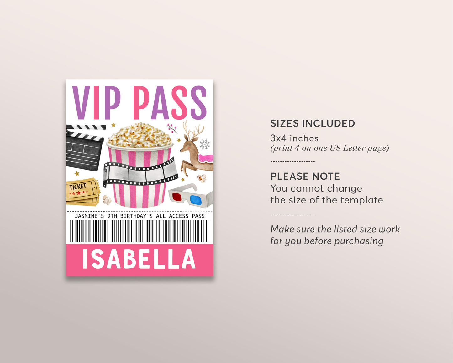Christmas Movie Night VIP Pass Editable Template, Girl Birthday Popcorn Movie Party All Access Pass, Holiday Name Insert ID Badge Lanyard
