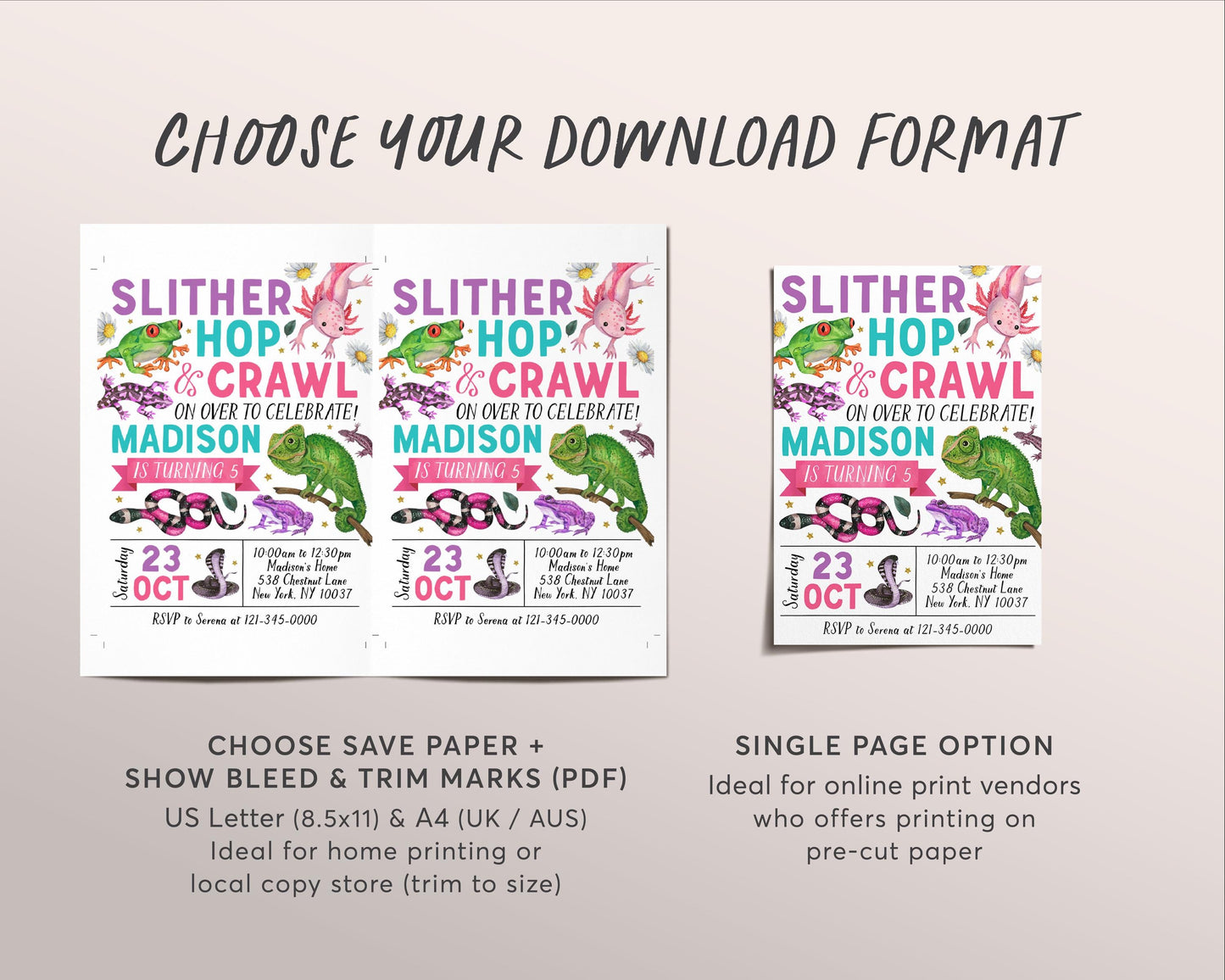Reptile Birthday Invitation Editable Template, Girl Slither Hop Crawl Party Invite, Kids Reptiles Creepy Crawly Nature Theme Outdoor Evite