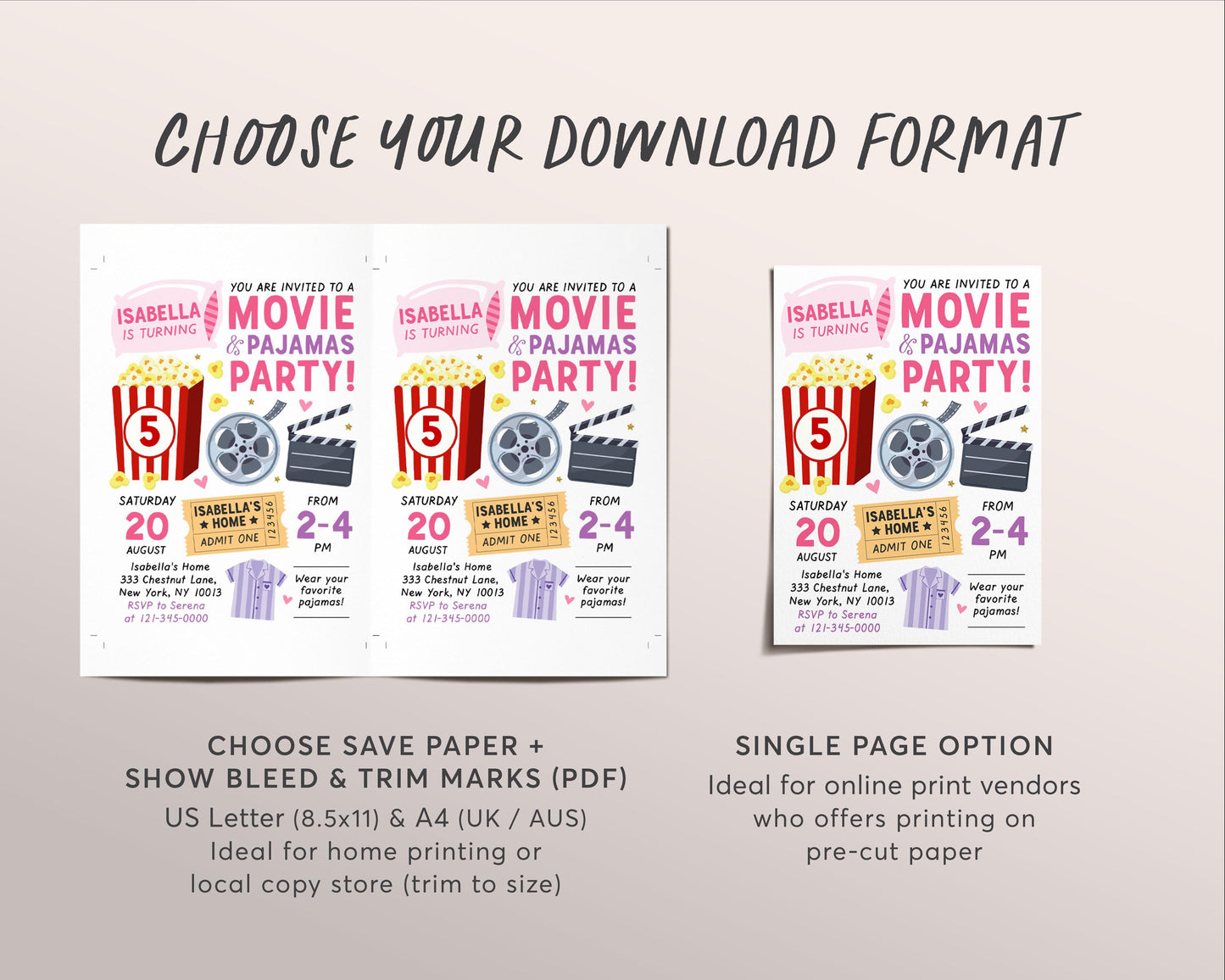 Movie and Pajamas Party Birthday Invitation Editable Template, Girl Movie PJs Slumber Party Popcorn Invite, Sleepover Movie Ticket Evite