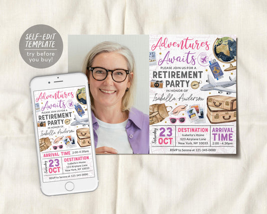 Travel Retirement Invitation With Photo Editable Template