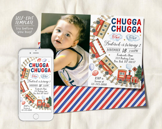 Chugga Two Train Birthday Invitation With Photo Editable Template