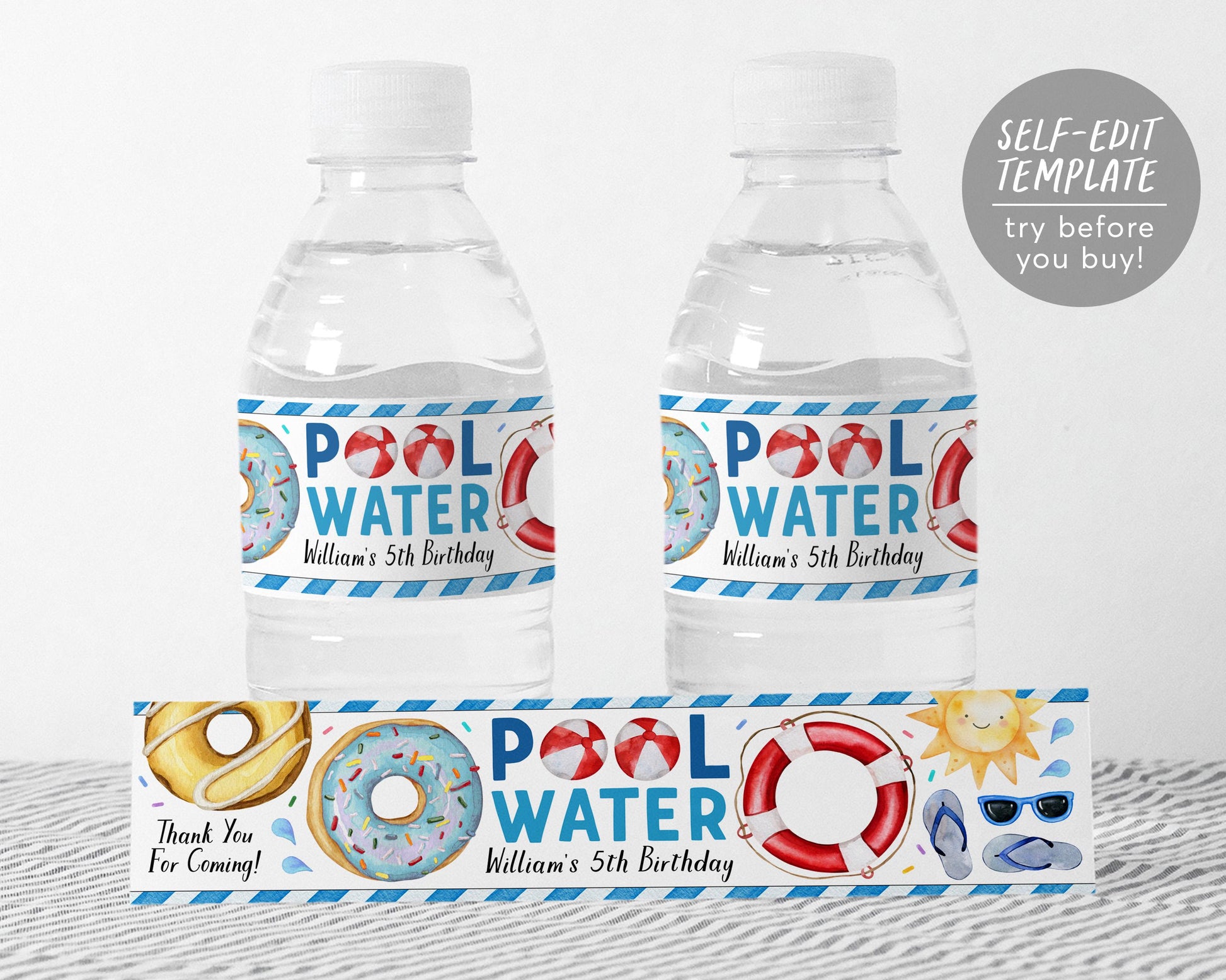 Donut Pool Party Water Bottle Labels Editable Template