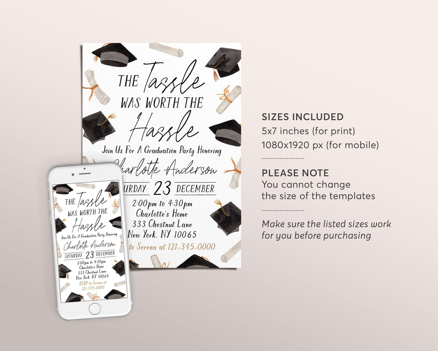Graduation Invitation Editable Template, Tassel Was Worth The Hassle Grad Announcement Party Invite for Him Her Unisex, College High School
