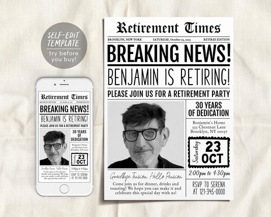 Retirement Newspaper Invitation Editable Template