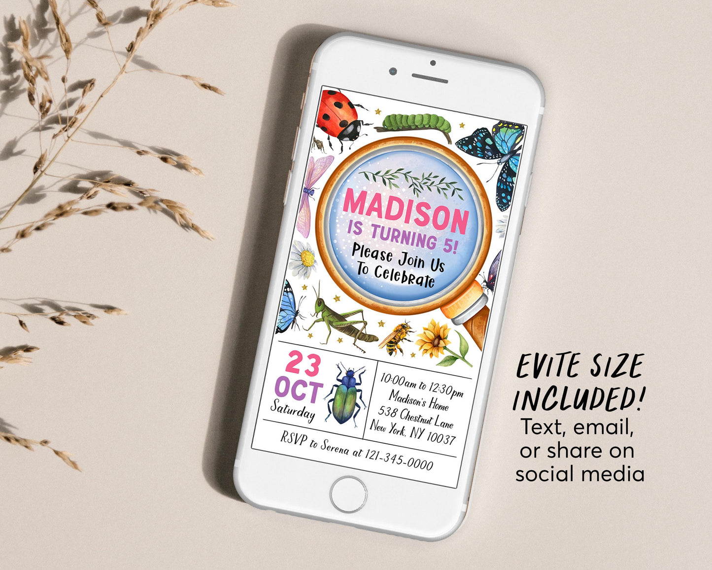 Insect Bugs Birthday Invitation Editable Template, Girl Spring Bug Party Invite, Kids Bugging Out Butterfly Ladybug Hunt Garden Party Evite