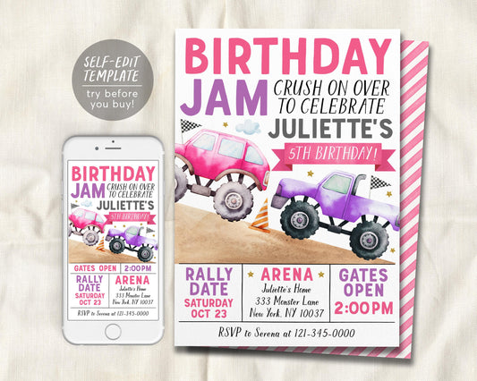Birthday Monster Jam Birthday Invitation Editable Template
