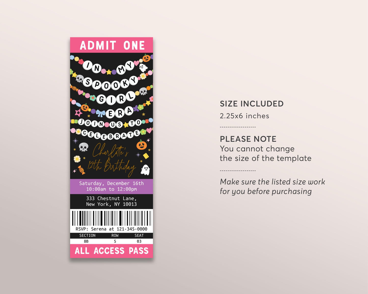 In My Spooky Girl Era Ticket Invitation Editable Template, Halloween Ghost Friendship Bracelet Party Invite, Spooky Birthday Era Eras Evite