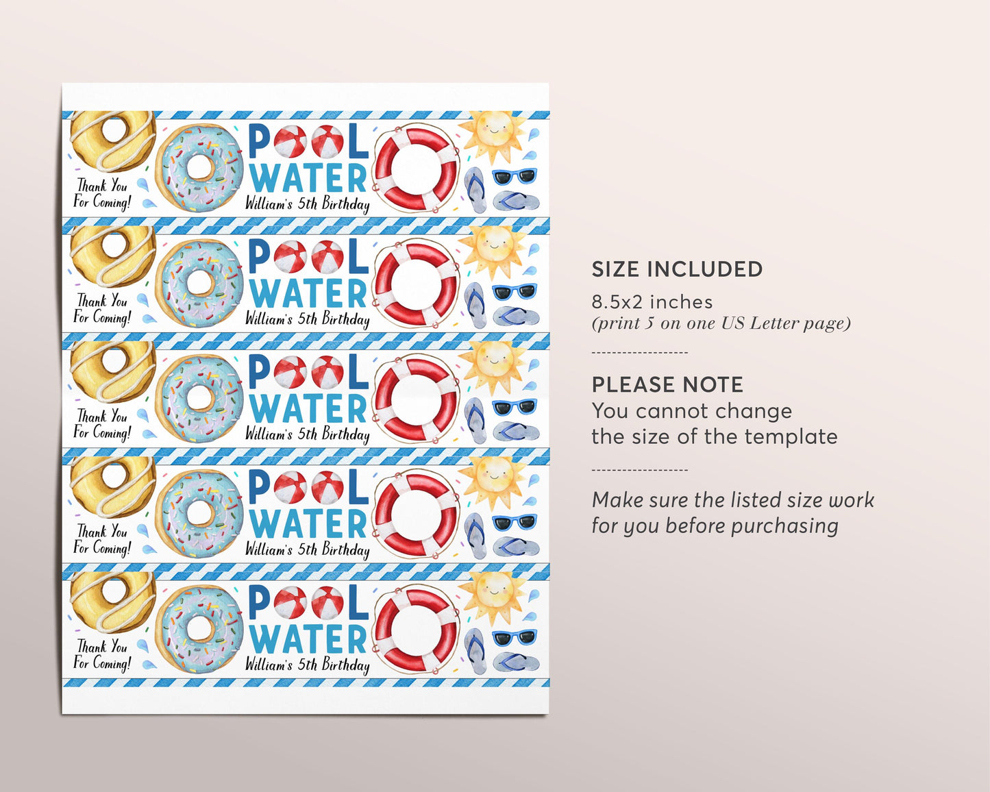 Donut Pool Party Water Bottle Labels Editable Template, Boy Pool Water Dunk and Donuts Swimming Birthday Party Bottle Wrapper Drink Tags