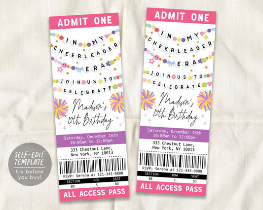 In My Cheerleader Era Ticket Invitation Editable Template