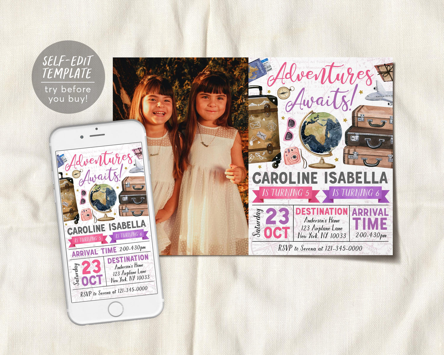 Adventure Awaits Travel Joint Siblings Birthday Invitation With Photo Editable Template,