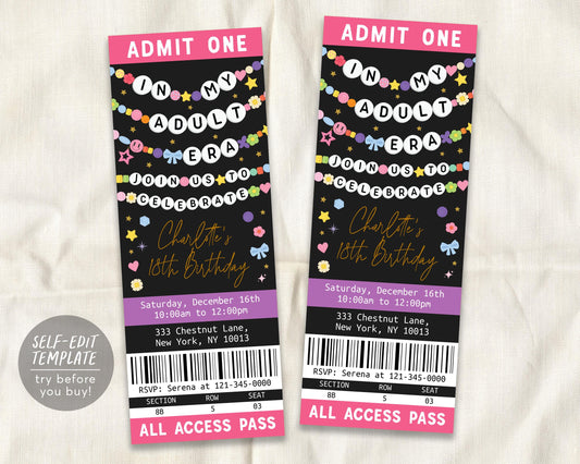 In My Adult Era Ticket Invitation Editable Template