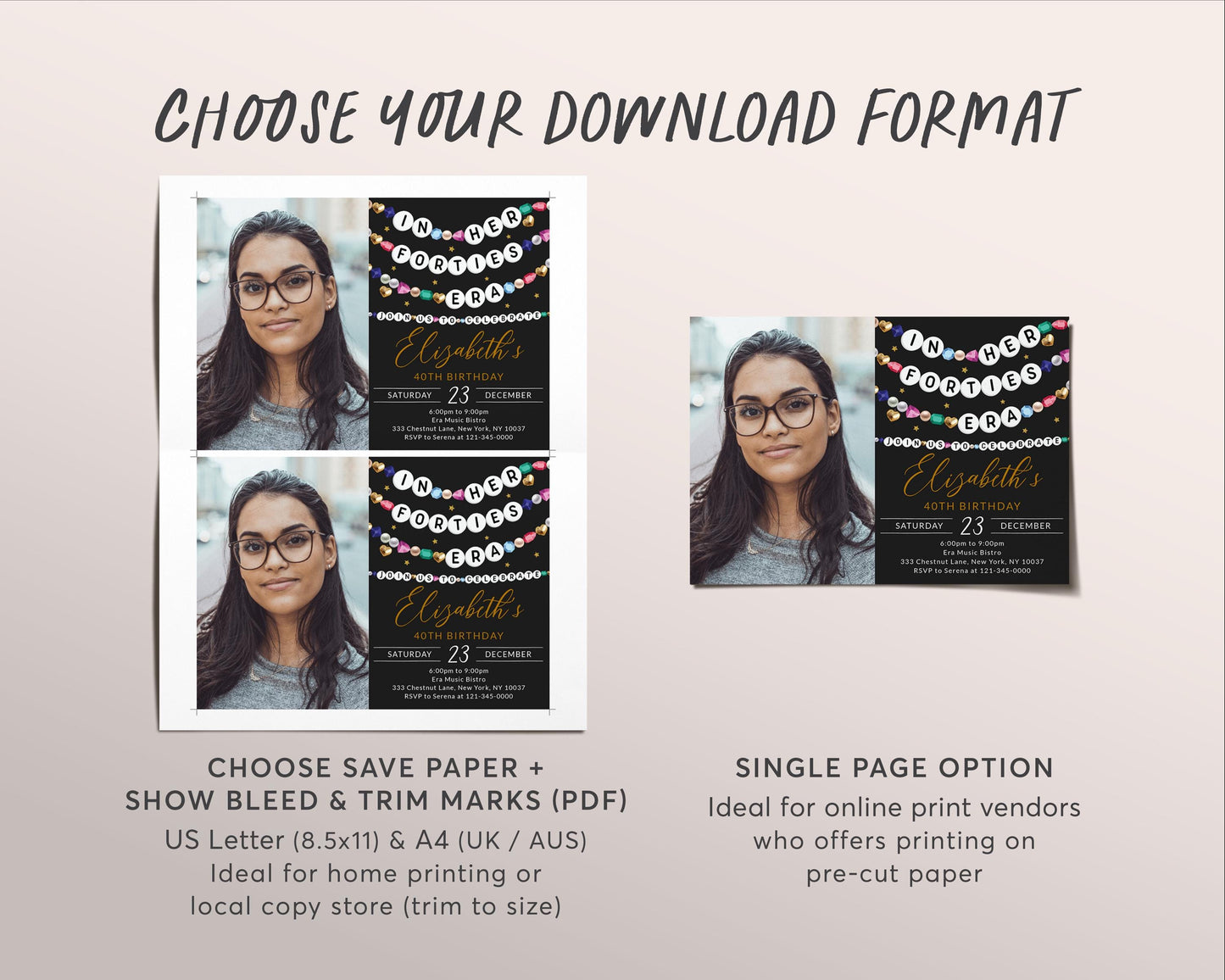 In My Forties Era Invitation With Photo Editable Template, Friendship Bracelet Party Invite, 40th Birthday Girl Eras Music Black Gold Evite