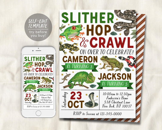 Reptile Joint Siblings Birthday Invitation Editable Template