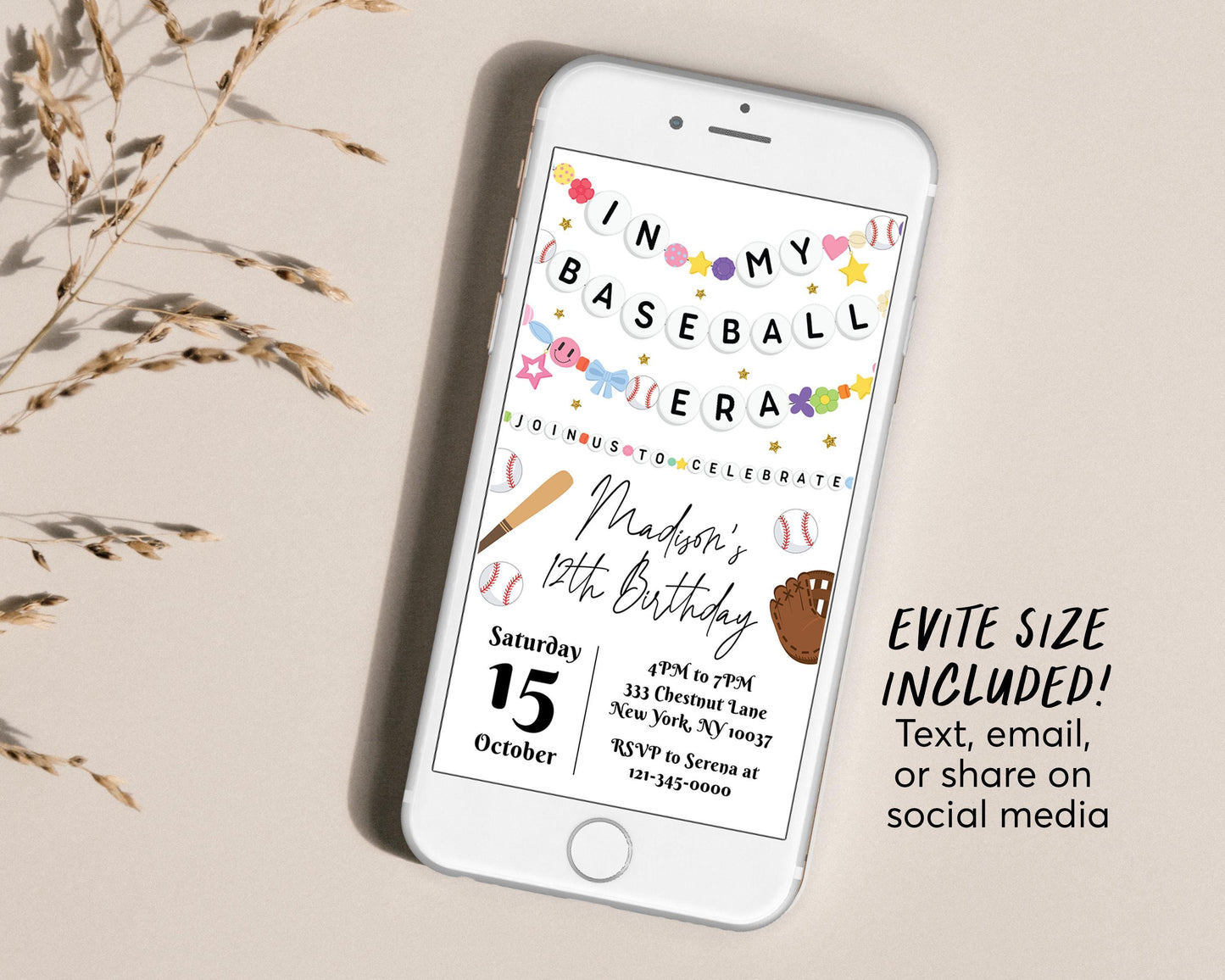 In My Baseball Era Birthday Invitation Editable Template, Baseball Friendship Bracelet Party Invite, Sports Game Day All Stars Eras Evite