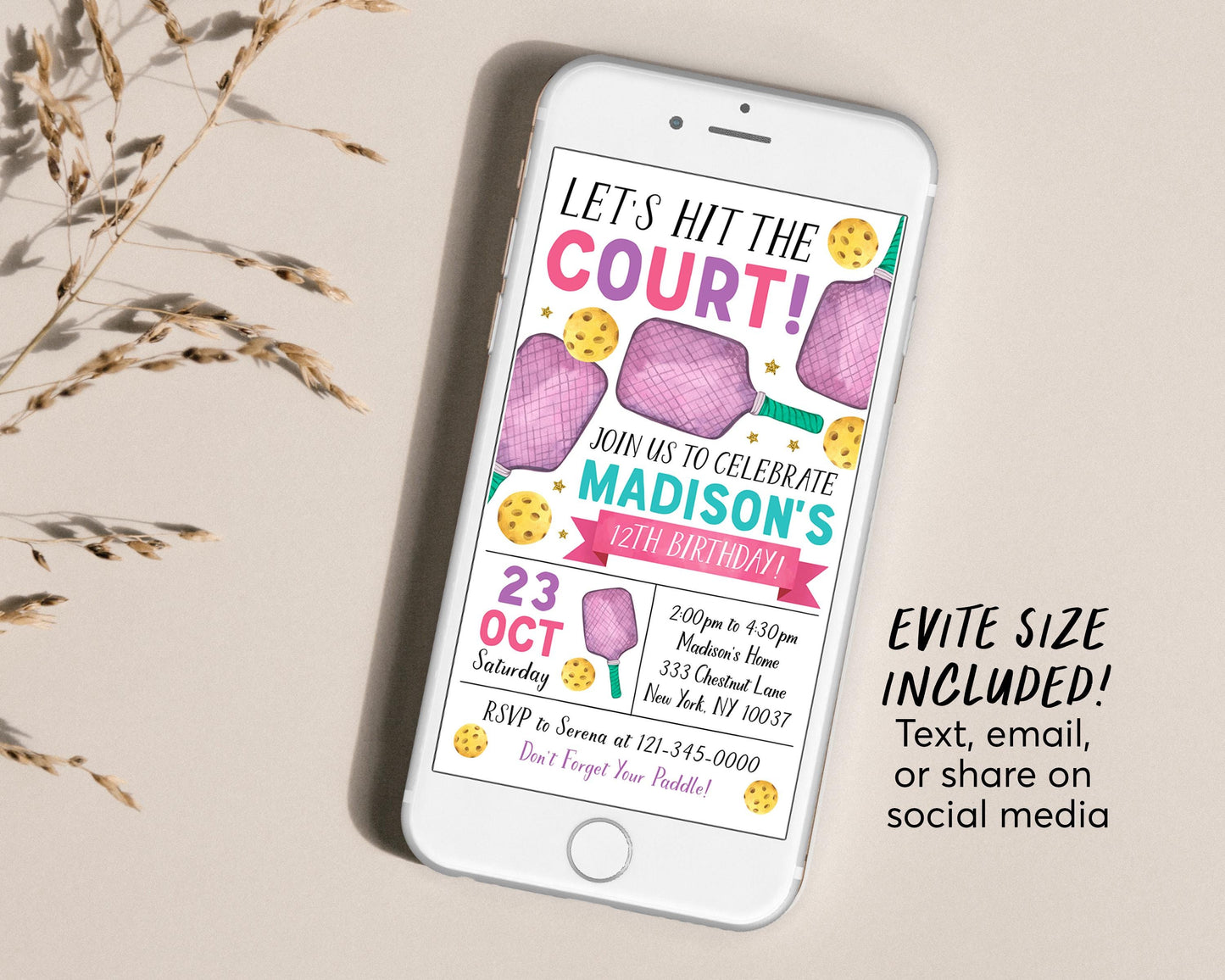 Pickleball Birthday Invitation Editable Template, Girl Lets Hit the Court Theme Party Invite, Sports Pickleball Theme Evite, Let’s Pickle