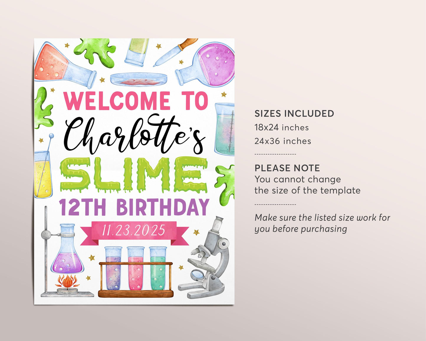 Science Slime Birthday Welcome Sign Editable Template, Girl Scientist Slime Experiment Party Poster, Kids Professor Science Lab Scientific