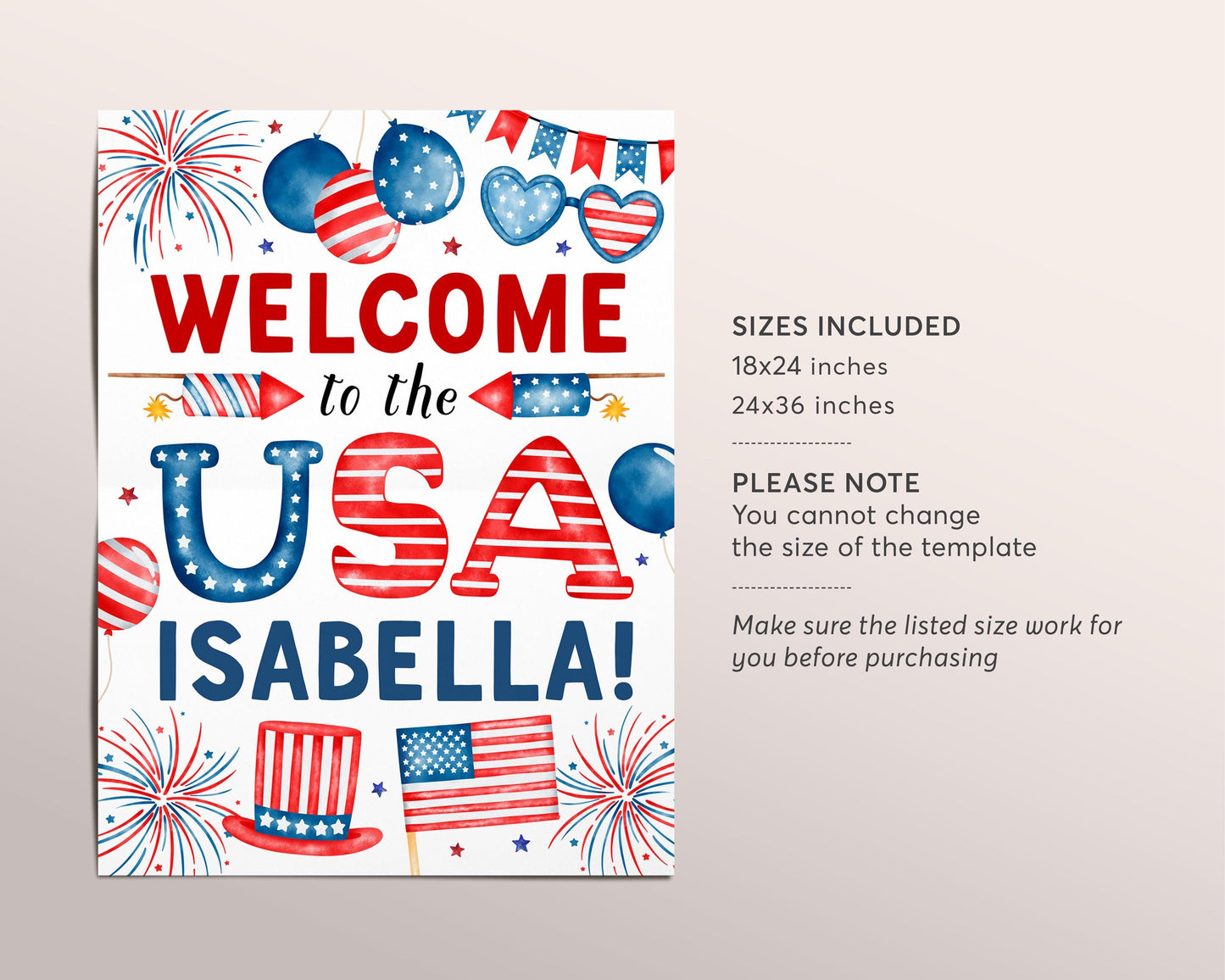 US Citizenship Party Welcome Sign Editable Template, Patriotic 4th of July Celebration Party Poster, Welcome To The USA Naturalization