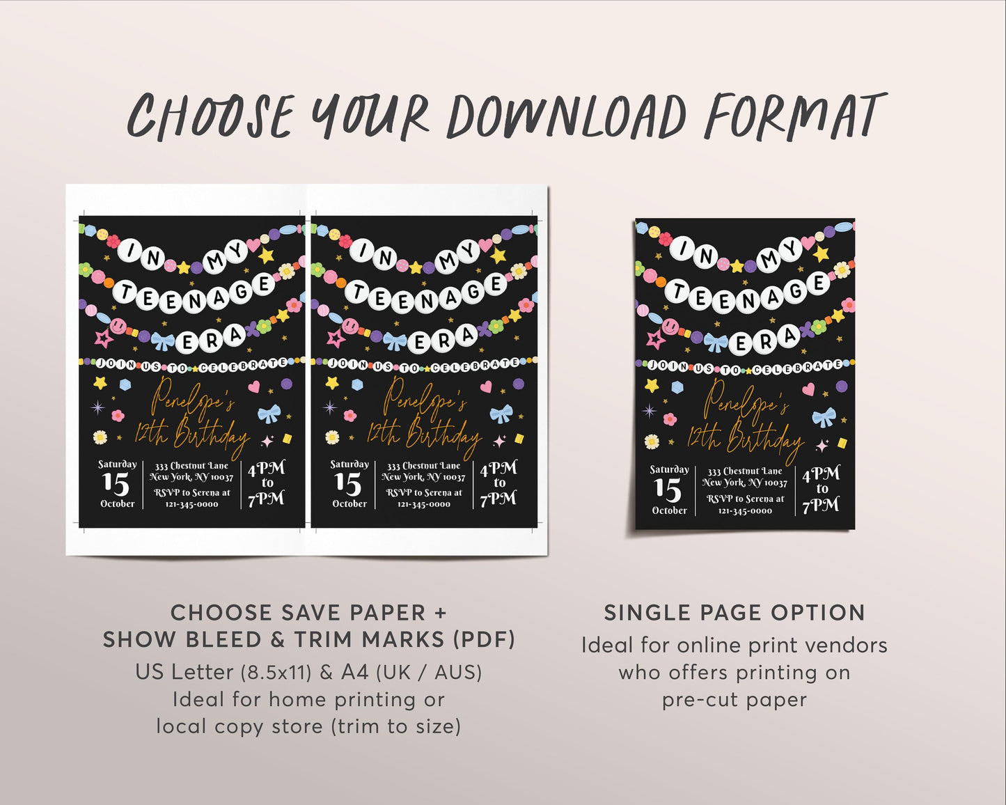 In My Teenage Era Invitation Editable Template, Friendship Bracelet Party Invite, Teen 13th Birthday Girl Eras Music Party Black Gold Evite