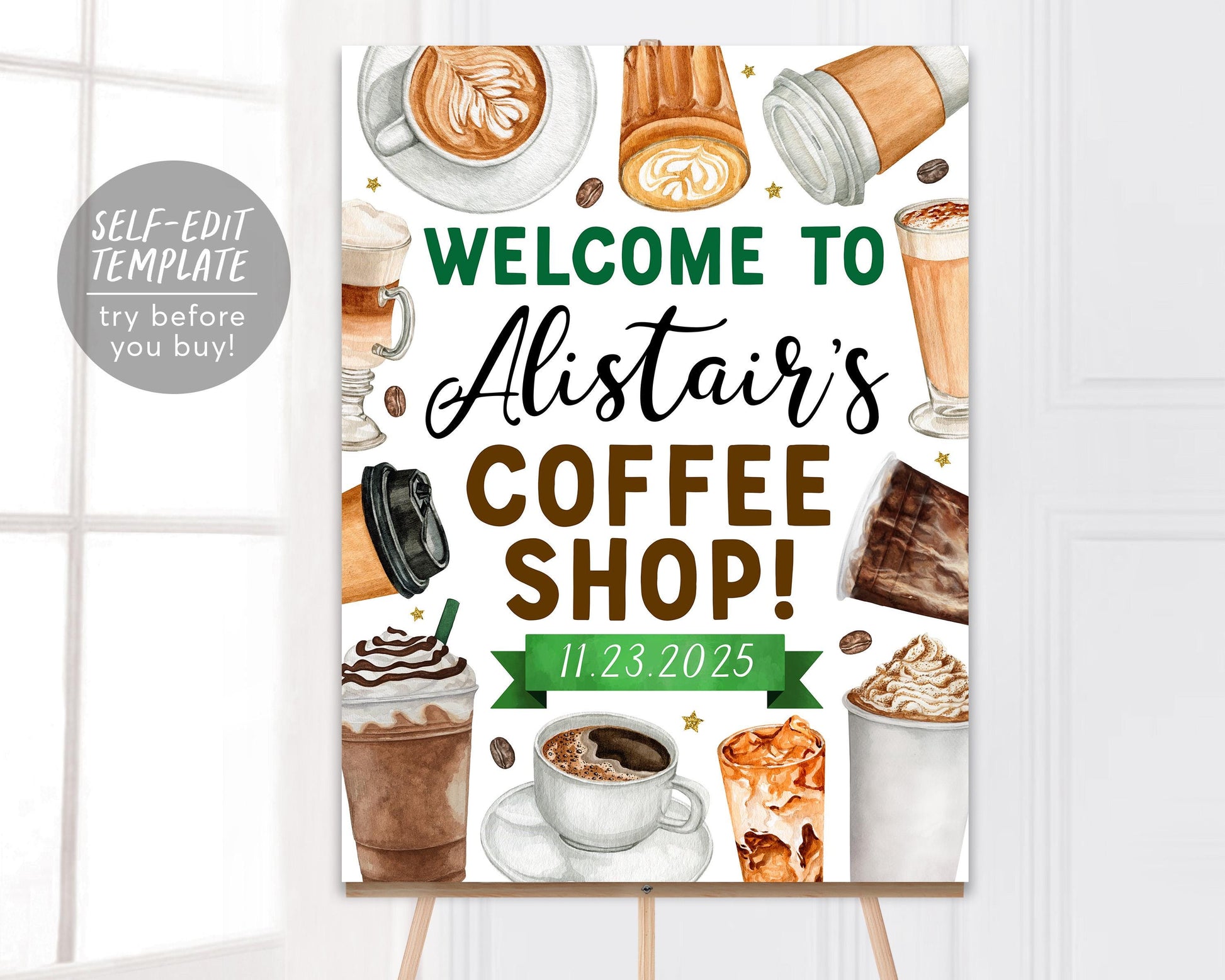 Coffee Birthday Welcome Sign Editable Template