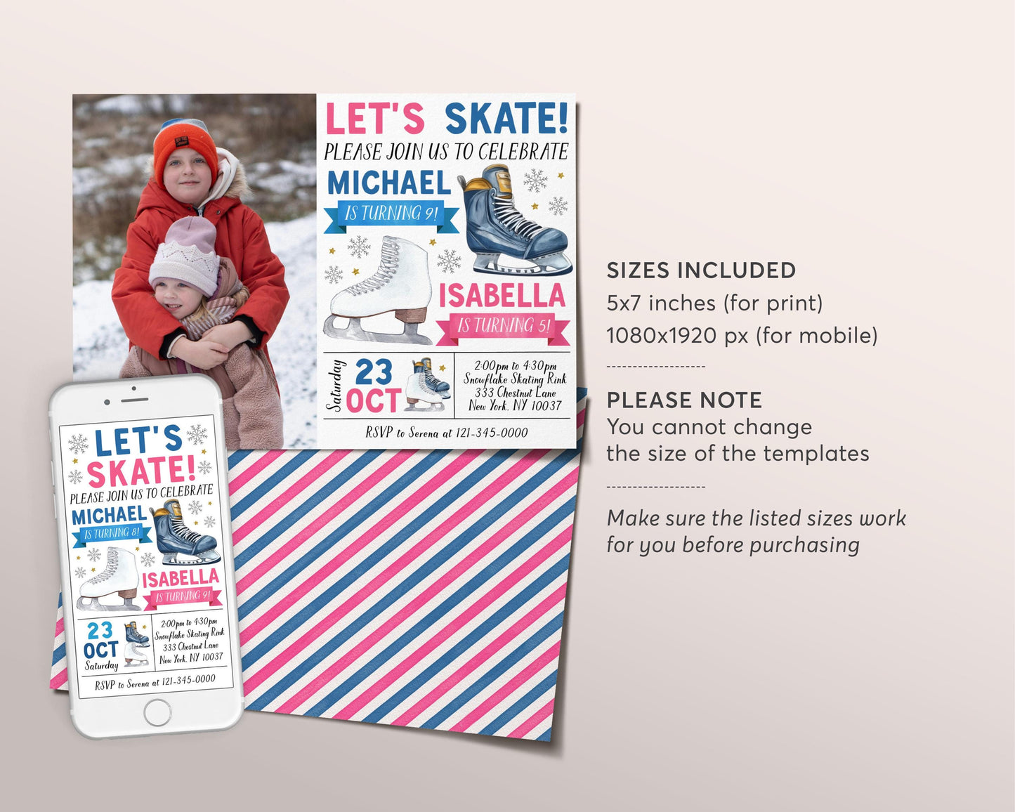 Ice Skating Joint Siblings Birthday Invitation With Photo Editable Template, Boy Girl Twins Ice Hockey Skating Party Invite Skate Rink Evite