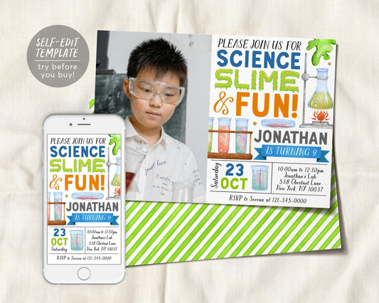 Science Slime Birthday Invitation With Photo Editable Template