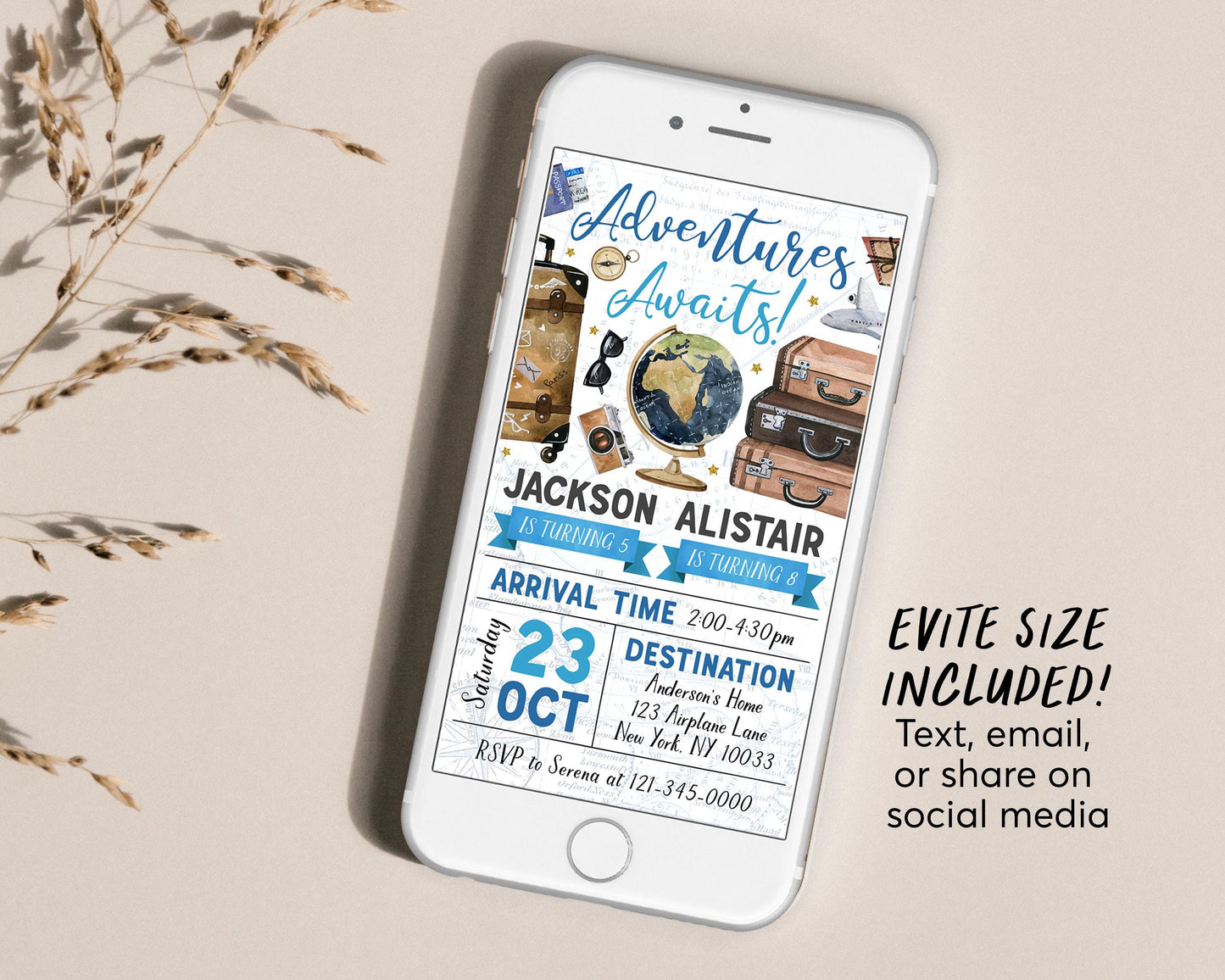 Adventure Awaits Travel Joint Siblings Birthday Invitation With Photo Editable Template, Twin Boys Around the World Party Invite Map Evite