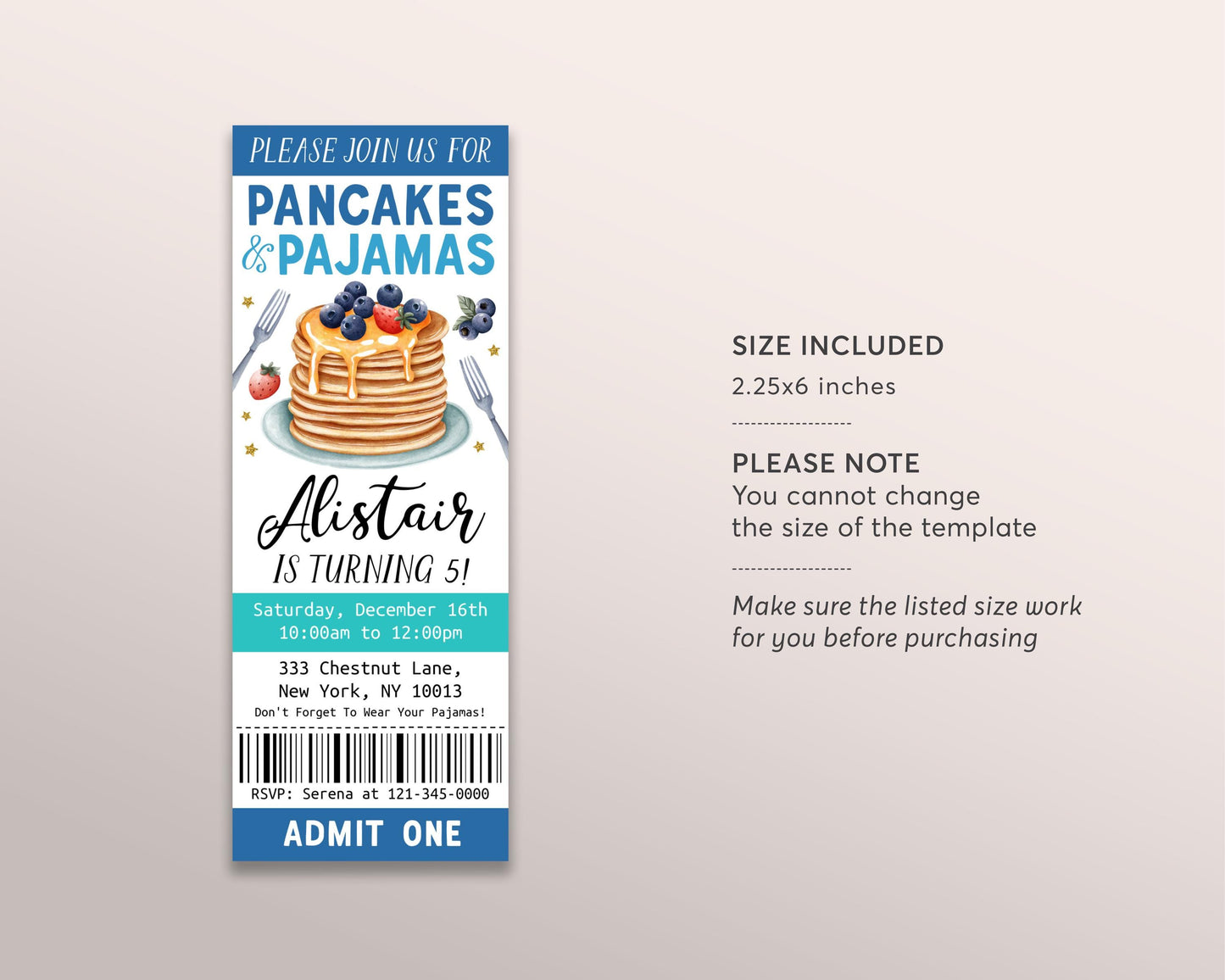 Pancakes and Pajamas Birthday Ticket Invitation Editable Template, Boy Flapjacks And PJs Party Evite, Breakfast Brunch Slumber Party Ticket