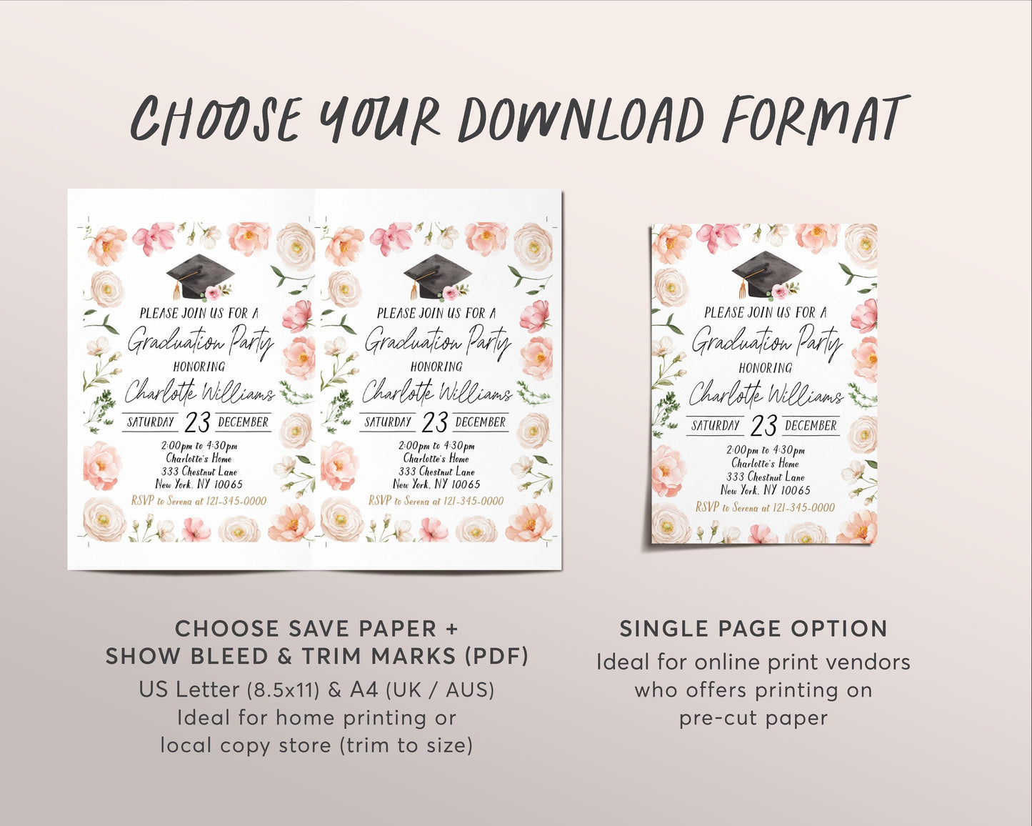 Graduation Floral Invitation Editable Template, Blush Floral Grad Announcement Party Invite for Her, College High School Grad Party Evite