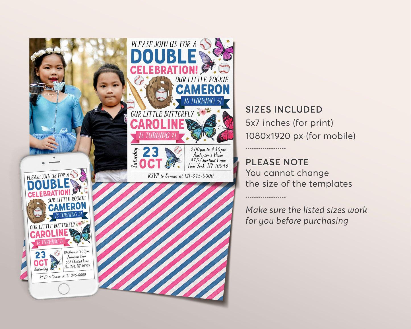 Butterfly Baseball Joint Siblings Birthday Invitation With Photo Editable Template, Girl Boy Butterflies Sports Party Invite Double Evite