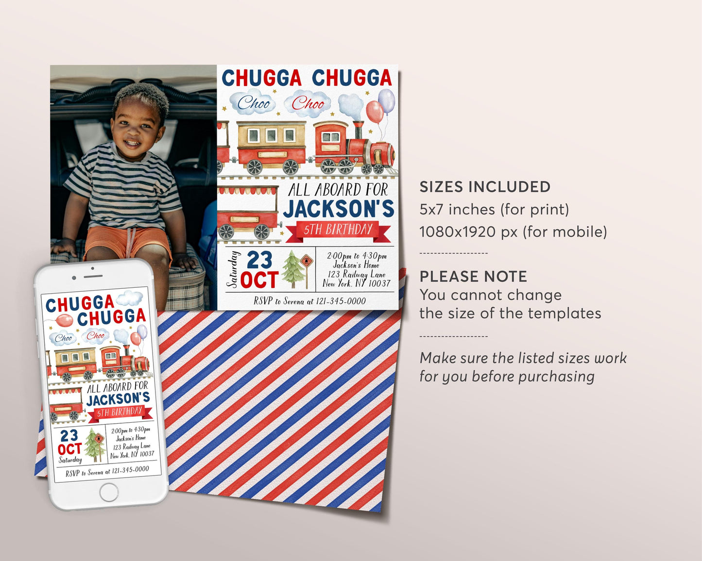 Train Birthday Invitation With Photo Editable Template, Chugga Choo Train Boarding Pass Party Invite, All Aboard The Birthday Express Evite