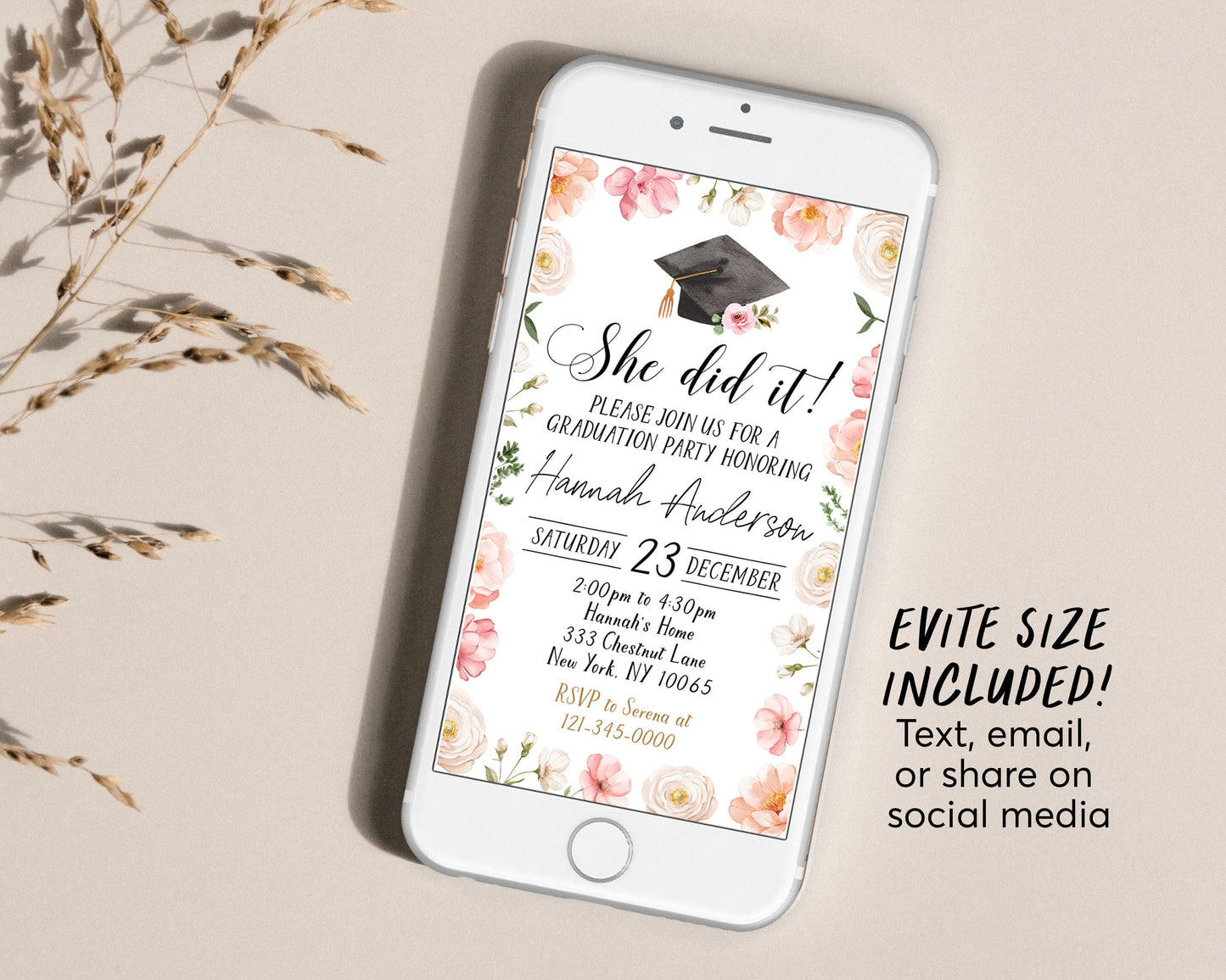 Graduation Floral Invitation With Photo Editable Template, She Did It Grad Announcement Party Invite for Her, Grad College High School Evite