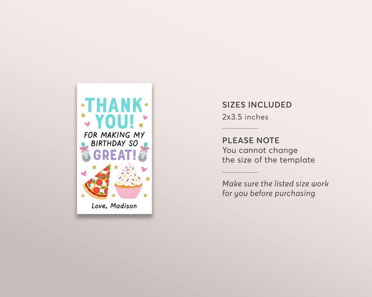 Pizza and Cupcakes Thank You Tags Editable Template, Favor Tag Baking Birthday, Kids Cooking Party, Little Chef Tags, Girl Birthday Decor