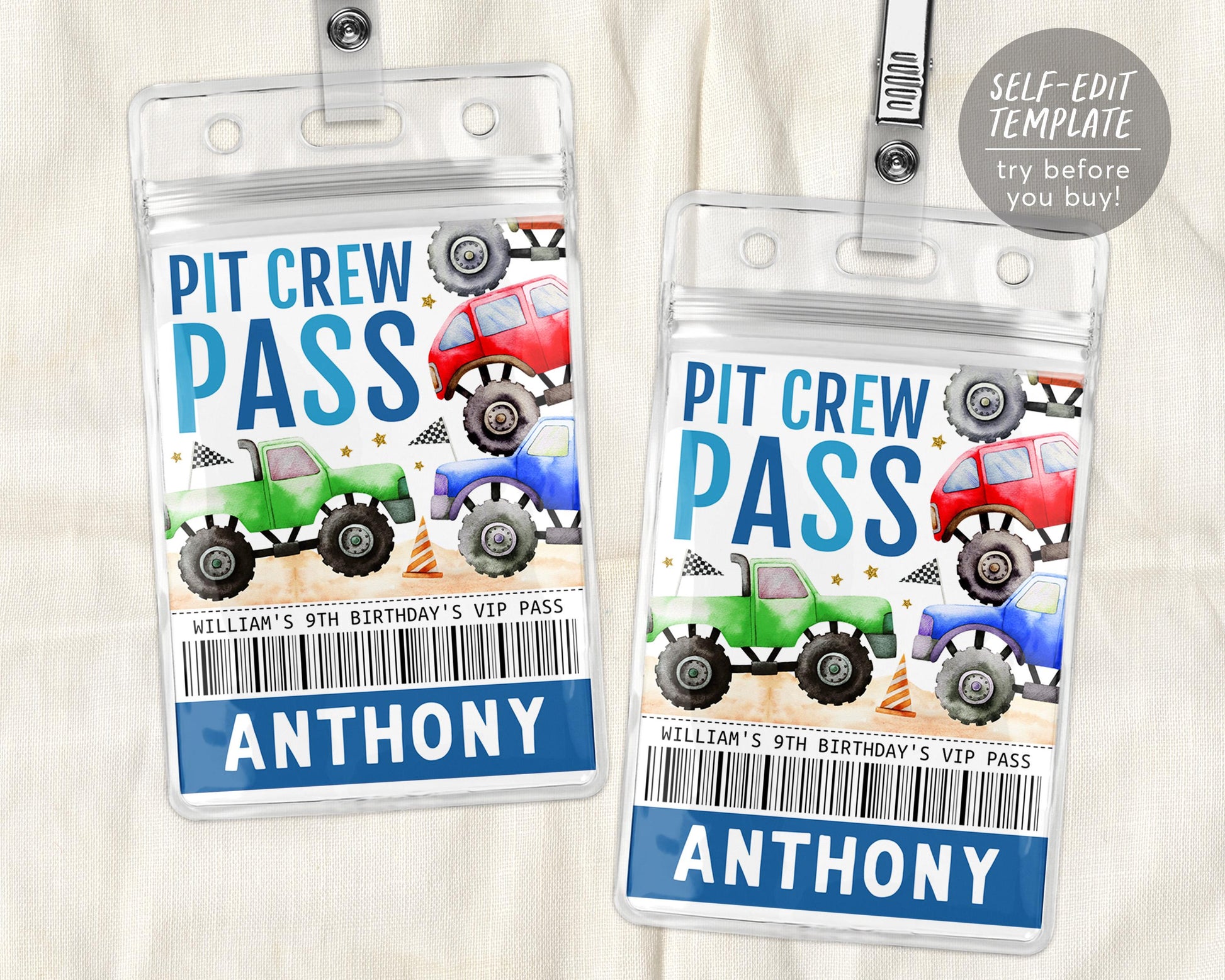 Monster Truck Pit Crew Birthday VIP Pass Editable Template