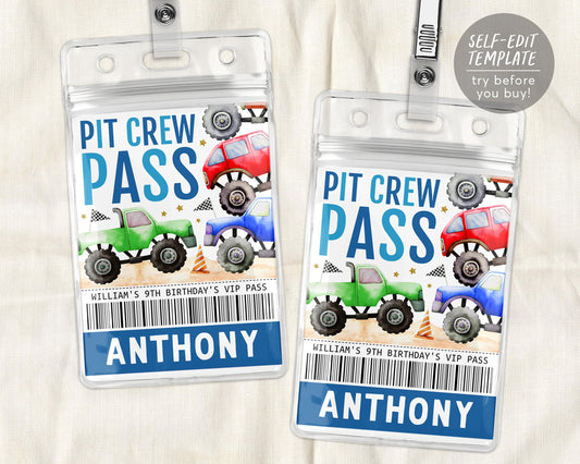 Monster Truck Pit Crew Birthday VIP Pass Editable Template