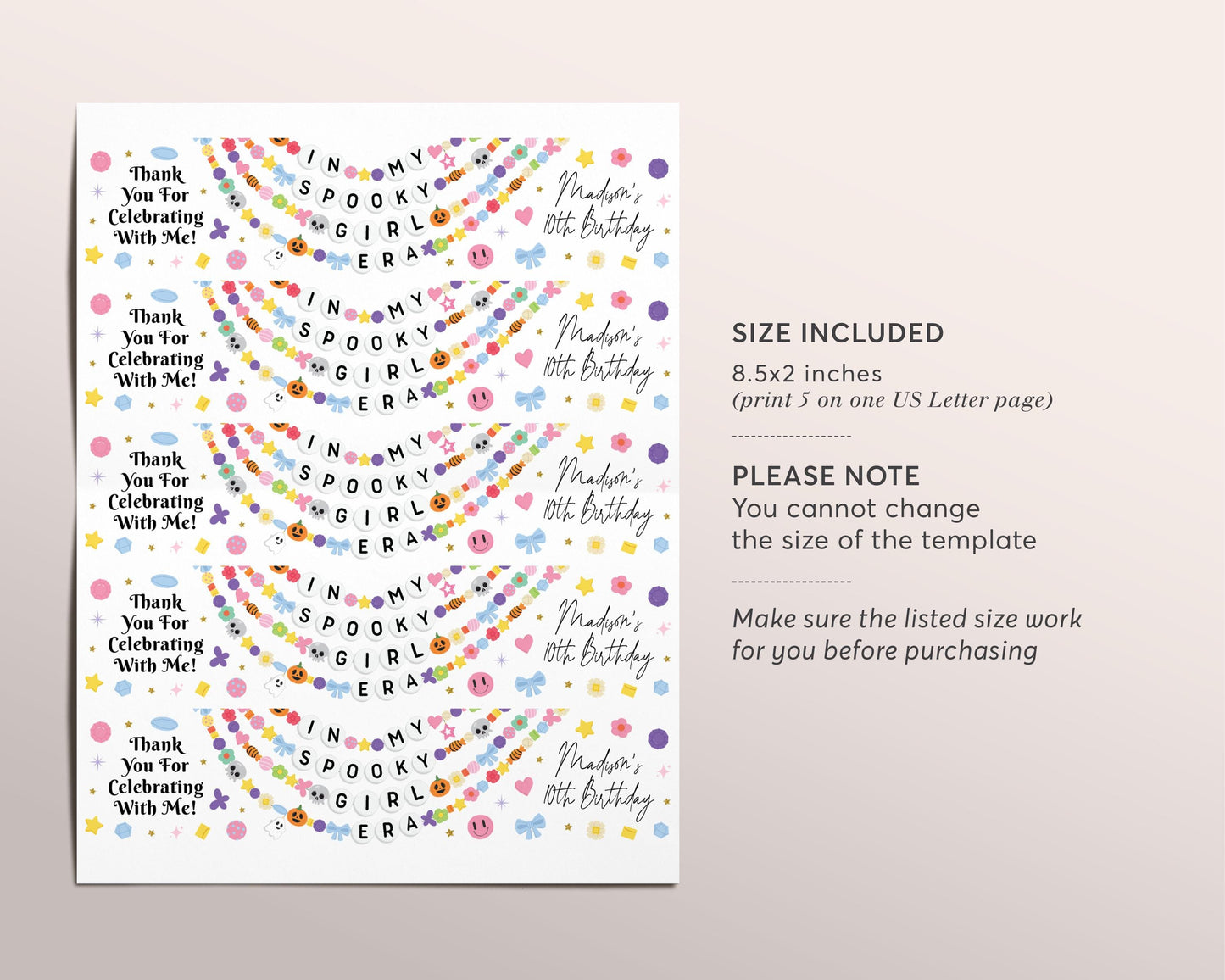 In My Spooky Girl Era Water Bottle Labels Editable Template, Eras Halloween Friendship Bracelet Party Bottle Wrapper Birthday Drink Tags
