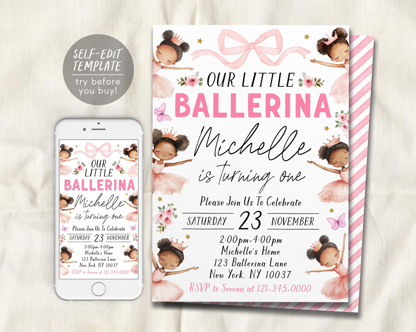 Ballerina Birthday Invitation Editable Template