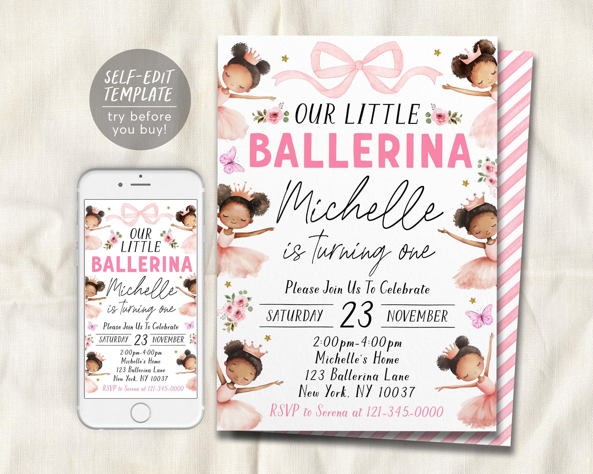 Ballerina Birthday Invitation Editable Template