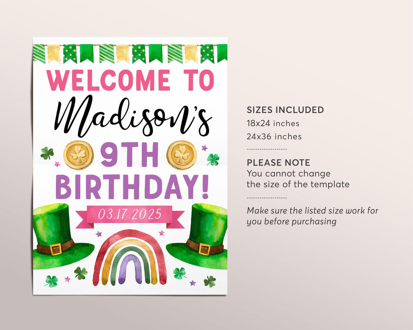 St Patrick's Day Birthday Welcome Sign Editable Template, Girl Rainbow Shamrock Birthday Party Poster, St Patty's Day Lucky Charm Irish Sign