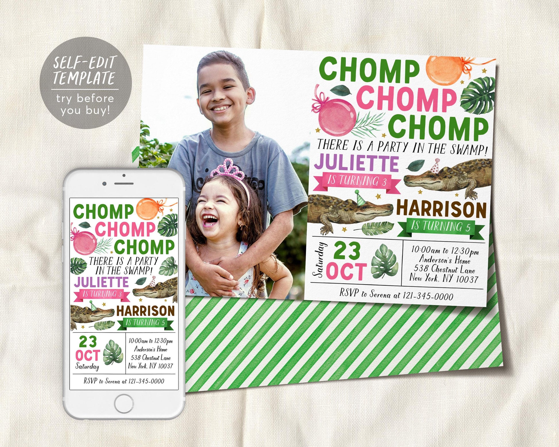 Crocodile Joint Siblings Birthday Invitation With Photo Editable Template