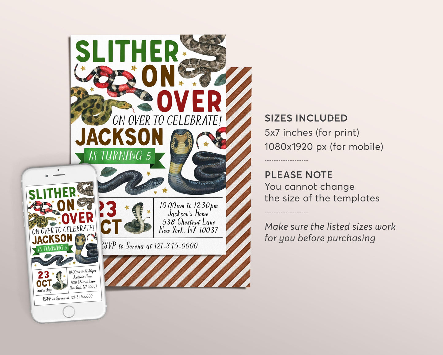 Snake Birthday Invitation Editable Template, Boy Slither On Over Reptile Show Nature Theme Party Invite, Kids Snakes And Cake Outdoor Evite