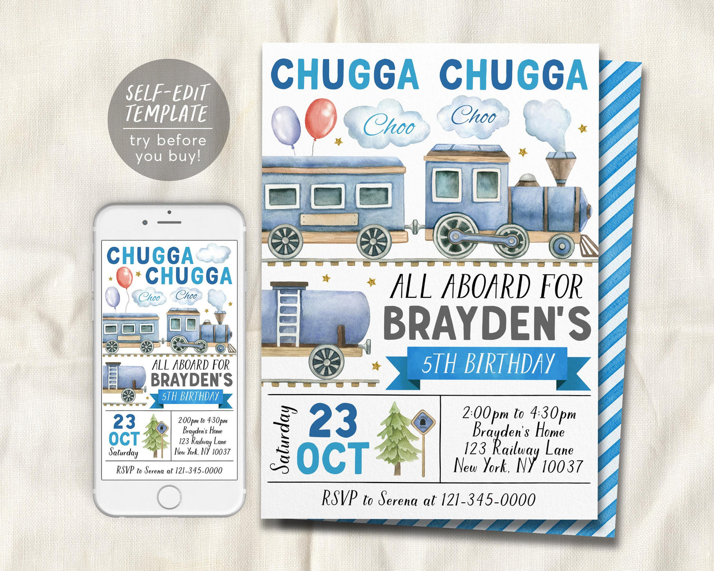 Train Birthday Invitation Editable Template