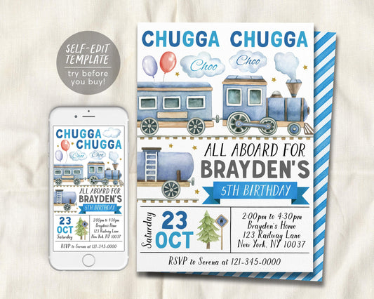 Train Birthday Invitation Editable Template